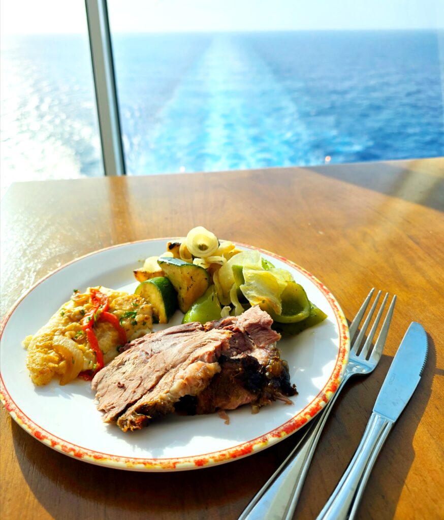 top round beef, sauteed vegetables, and grilled fish